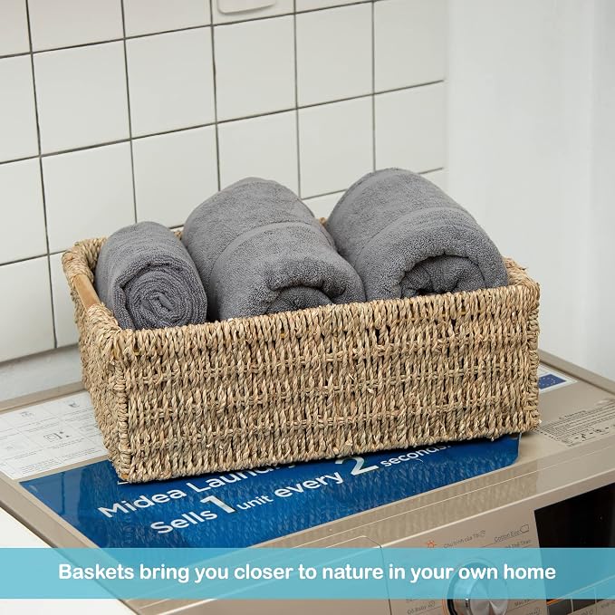 Large Natural Wicker Basket Rectangular with Wooden Handles, Seagrass Storage for Organizing, Shelves 15.5 x 10.6 x 5.5 inches - Image 7