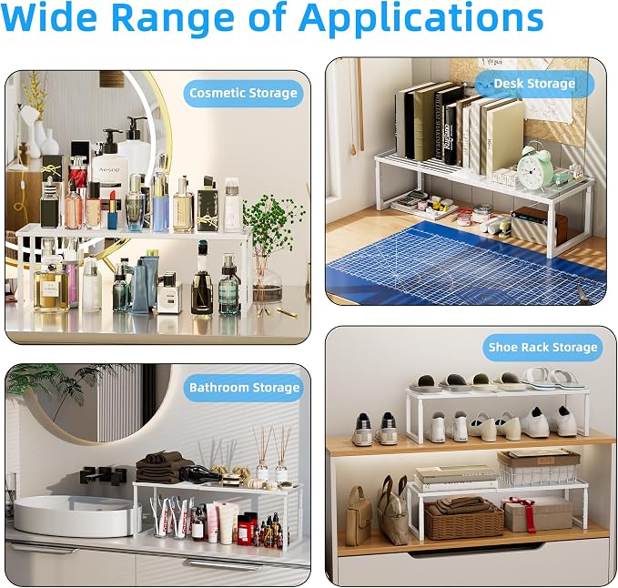 Cabinet Shelves, 2 Pack Stackable Shelves for Kitchen Storage | Expandable & Height Adjustable Cabinet Organizer Shelf | Metal Shelf Organizer | White Spice Rack for Pantry Storage - Image 6