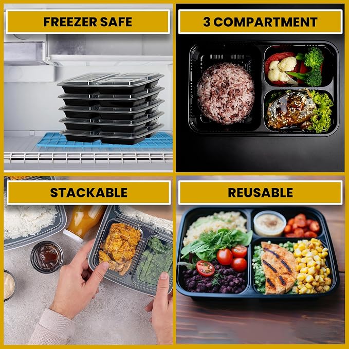 Superior 10 Pack Meal Prep Containers - 32oz Reusable 3 Compartment Food Containers–Microwave and Dishwasher Safe Prep Plastic Food Containers with Lid Divided Bento Box Lunch Tray - Image 5