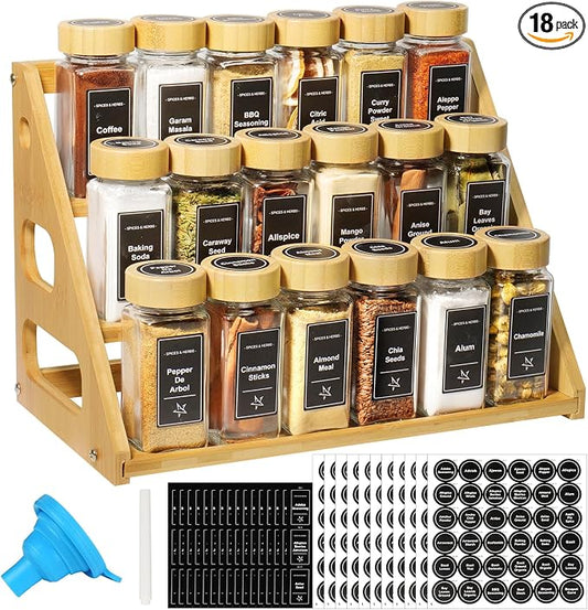 3 Tier Bamboo Spice Rack Organizer with 18 Empty 4 oz Glass Spice Jars | 780 Labels, Wood Shelf, Chalk Marker and Funnel Set for Cabinet Kitchen Countertop by FIKWO