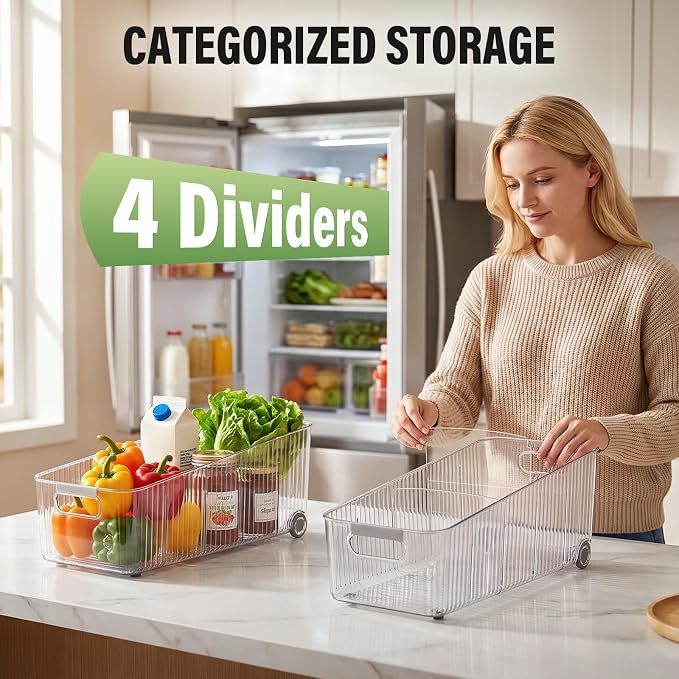 Pull Out Fridge Organizer Bins with Wheels, 8 Dividers, 2-Pack | Clear PET storage bins with handles, rear wheels and adjustable dividers for refrigerator, pantry and cabinet shelves - Image 6