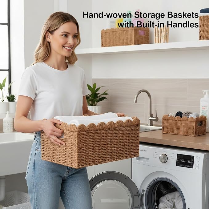 3 Pcs Scalloped Wicker Baskets, Hand-woven Storage Baskets with Built-in Handles, Paper Rope Shelf Baskets for Organizing and Decoration, Brown Basket - Image 3