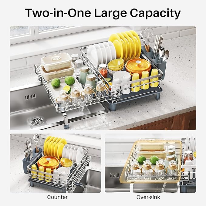 Expandable Dish Drying Rack for Kitchen Counter, Stainless Steel, Silver | Foldable Over Sink, Large Capacity, Adjust to Fit Most Sinks, Angled Drainboard, Removable Utensil Holder, Slip Resistant - Image 2