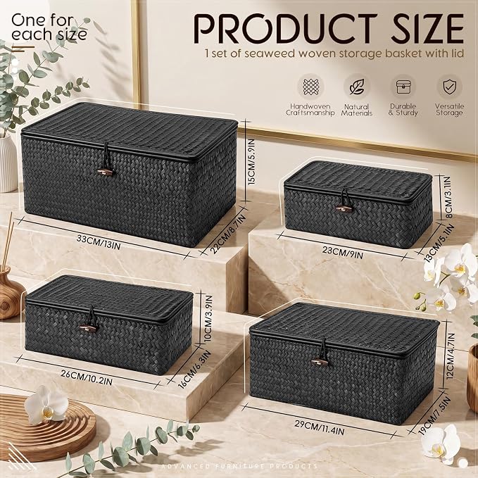 Woanger Set of 4 Wicker Baskets with Lids, Nautral Seagrass Storage Baskets, Woven Rectangular Basket Bins, Rattan Storage Organizer for Shelf Closet Bedroom(Black) - Image 2