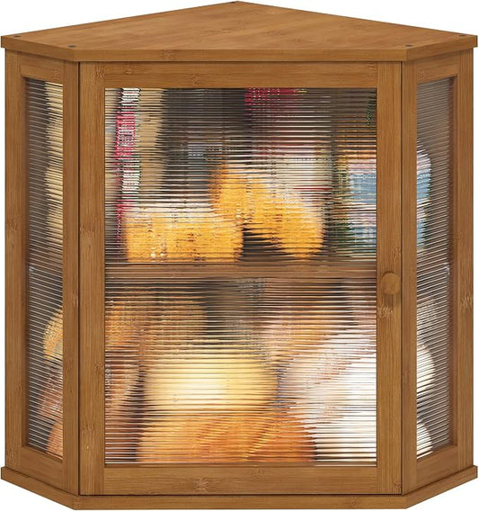 viewcare Corner Bread Box for Kitchen Counter, Bamboo Wood Large Capacity Bread Storage Bin with Acrylic Wavy Door Panel (Brown, Extra Large) by VIEWCARE