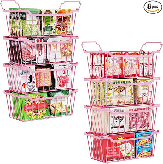SUNALLY Freezer Organizer Bins, 8 Pack Stackable Pantry Storage Bins, Pink | Chest Freezer Organizer for 5-7 Cu.FT Deep Freezer to Sort Frozen Meats & Food, Wire Baskets for Pantry Organizers & Storage by SUNALLY