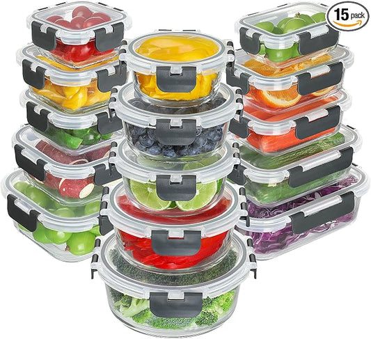 BAYZZ 30 Piece Glass Food Storage Containers Set, Glass Meal Prep Containers with Lids, Airtight Lunch Box, BPA-Free, Microwave, Freezer & Dishwasher Safe by BAYZZ