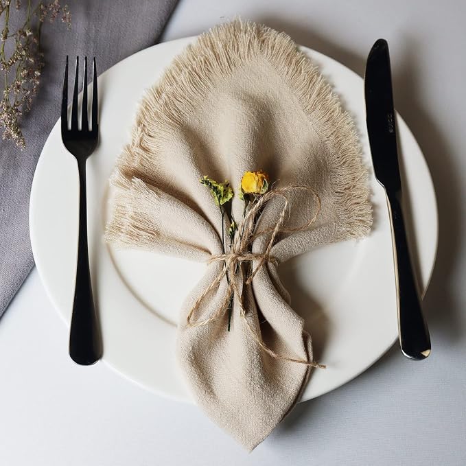 Handmade Cloth Napkins with Fringe,18 x 18 Inches Cotton Linen Napkins Set of 12 Versatile Handmade Square Rustic Fringe Napkins for Dinner, Wedding and Parties, Beige - Image 2