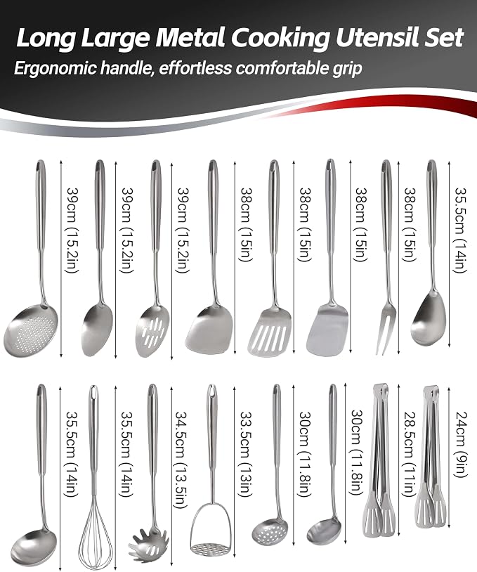 304 Stainless Steel Kitchen Utensils Set, 18PCS All Metal Cooking Tools Set with Whisk, Masher, Tongs, Ladle, Turner, Skimmer & Serving Spoons, Heavy Duty Dishwasher Safe Kitchen Gadget Set - Image 2