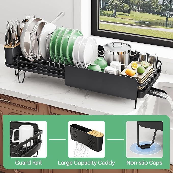 Large Expandable Dish Drying Rack for Kitchen Counter, 19.3-29.4 in, Black | Family Size Capacity, Adjustable Dividers for Pan, Lid & Cutting Board, Stainless Steel, Rotating Spout, Utensil Holder - Image 8