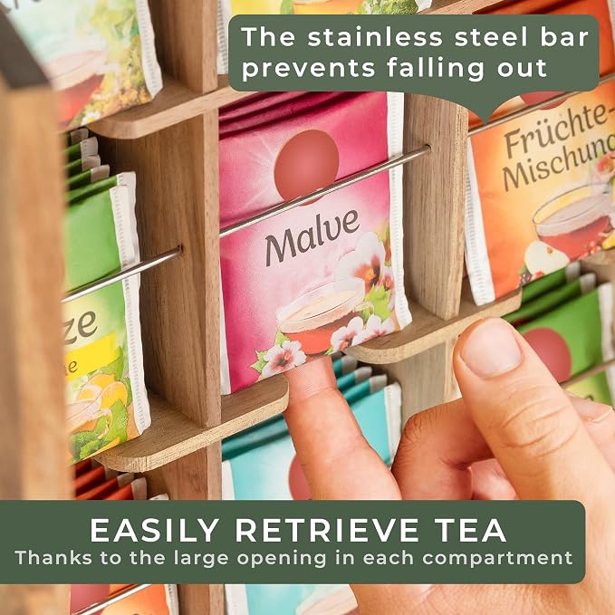 WALDWERK Tea Storage Organizer (9 Compartments) - Tea Organizer Made of Solid Acacia Wood - Tea Box with Wall Mounting Option - Tea Organizer and Storage - Tea Bag Holder - Plastic Free Tea Holder - Image 5
