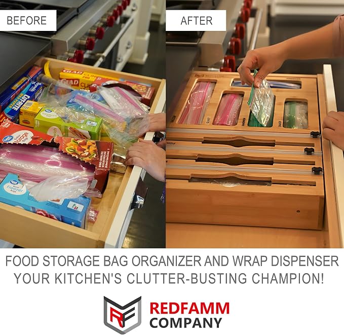 REDFAMM 8in1 Food Storage Bag Organizer Foil and Plastic Wrap Organizer with Cutter, Bamboo Plastic Bag organizer for Kitchen Drawer, Baggie Organizer for Gallon Quart Sandwich Snack Freezer - Image 4