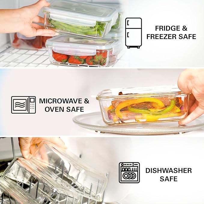 Razab 16 Pc (Set of 8) 30 Oz Glass Meal Prep Containers with Lids, Airtight Large Glass Food Storage Containers, Reusable Leak Proof BPA Free, Freezer to Oven and Dishwasher Safe - Image 3