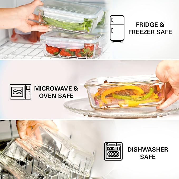 Razab 16 Pc (Set of 8) 30 Oz Glass Meal Prep Containers with Lids, Airtight Large Glass Food Storage Containers, Reusable Leak Proof BPA Free, Freezer to Oven and Dishwasher Safe - Image 3