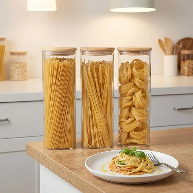 Airtight Glass Storage Containers with Lids Set, 9 Pack Pantry and Pasta Storage Containers 25/37/51/78oz, Square Kitchen Canister Set for Flour Sugar Rice, Cereal Beans Oats Spaghetti Pasta - Image 3