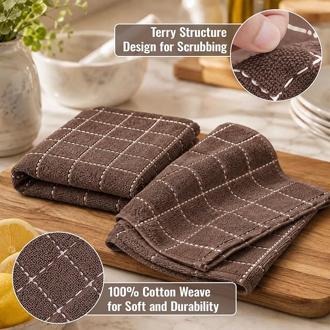 Kitinjoy 100% Cotton Terry Kitchen Towels, 13”x 28”, 4-Pack, Brown | Checkered Designed, Ultra Soft Absorbent Quick Drying Dish Towels - Image 2