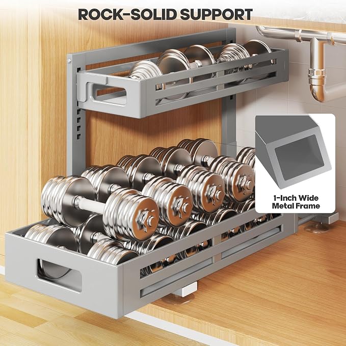 2 Pack 21IN-Depth Under Sink Organizer,Pull Out Cabinet Organizer With Smooth Cylindrical Rail,Metal Slide Out Drawer for Kitchen Bathroom Laundry,8-Level Tool Free Height Adjustable-Gun Gray - Image 3