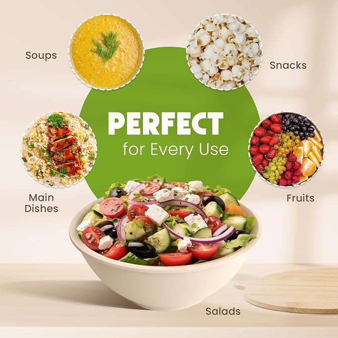 Bamboo Eco Salad Bowl Set - Set of 3 Salad Bowls Large with Seal Lid & Serving Utensils - Bamboo Fiber Bowl Set Perfect for Mixing, Serving, and Storage - Cream White - Image 4