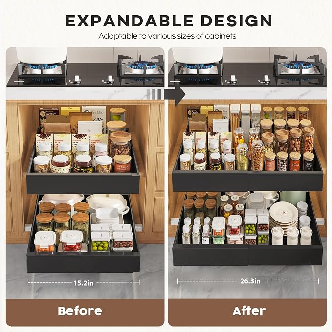 Seinloes 2 Pack Pull Out Cabinet Organizers 21" Deep With Raising Pad for Framed Cabinets, Expandable Width (15.2"-26.3") Slide Out Drawers Upgrade 3 Slide Rails, Roll Out Shelves Adhesive, Black - Image 3