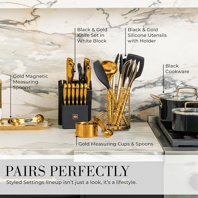 Styled Settings Black and Gold Kitchen Utensils Set, 15-Piece | Nonstick BPA-Free Silicone Cooking Utensils with Measuring Cups and Spoons - Luxury Kitchen Accessories for Stylish Cooking - Image 9