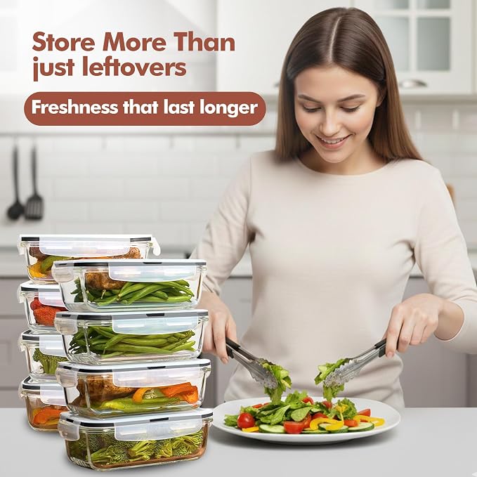 Razab 16 Pc (Set of 8) 30 Oz Glass Meal Prep Containers with Lids, Airtight Large Glass Food Storage Containers, Reusable Leak Proof BPA Free, Freezer to Oven and Dishwasher Safe - Image 2