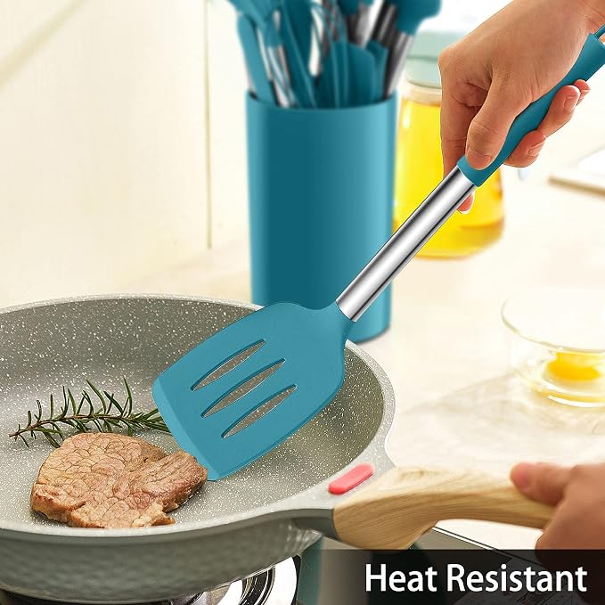 LIANYU 15-Piece Kitchen Cooking Utensils Set with Holder | Silicone Kitchen Tools Stainless Steel Handle, Slotted Spatula Spoon Turner Tong Whisk Brush for Cooking, Dark Blue - Image 5