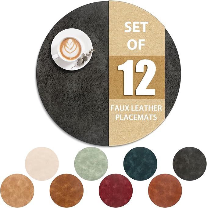 ADRIMER Placemats, Heat Resistant Round Placemats Set of 12 Washable, Waterproof Table Mats, Wipeable Faux Leather Place Mats for Kitchen, Dining Room, Dark Grey by Adrimersdreamistobeanindispensablecompanioninyourlife