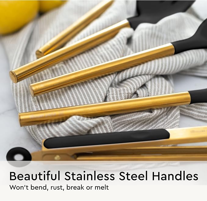 Styled Settings Black and Gold Kitchen Utensils Set, 6-Piece | Silicone Utensils Set Include Tongs, Whisk, Serving Spoon, Spatula, & Turner for Stylish Cooking - Gold Kitchen Accessories - Image 9