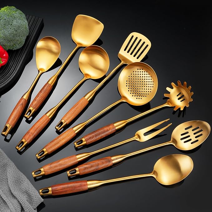 Gold Kitchen Utensils Set Stainless Steel 9 PCS with Wooden Handle | Food-grade 304, Sturdy, Wooden Handle, Anti scald, Work with large batches, Good weight, Well Balance, 13-14 Inch by NIITAWH