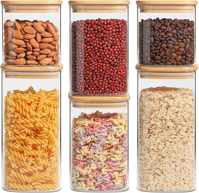 ComSaf Glass Pantry Storage Containers (0.7Qt/1.2Qt/1.6Qt) Set of 6, Square | Glass Storage Containers with Lids, Kitchen Canisters, Pantry Jar, Bamboo Lid with Silicone Seal, Flour Cereal Tea, BPA Free by ComSaf