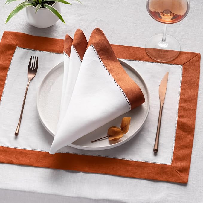 Linen Napkins 20 x 20 inch - 100% Pure Flax Linen White and Orange Dinner Napkins Set of 4 - Hemstitch Cloth Napkins Washable for Spring, Summer, Fall and Winter Decor - Image 4