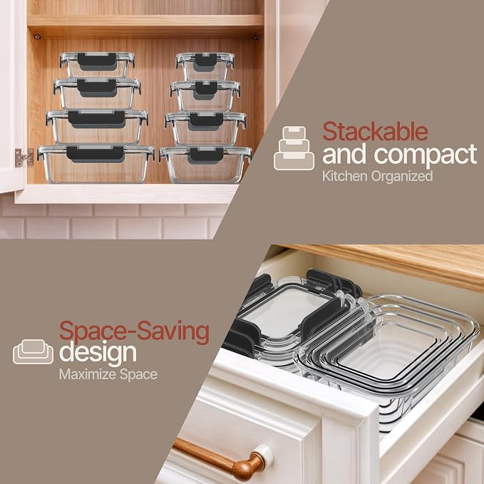 Bakken Borosilicate Glass Food Storage Containers with Lids 16 Pieces, BPA-Free Stackable Lunch & Leftover Containers, Microwave, Freezer & Dishwasher Safe, 100% Airtight Leak-Proof, Black - Image 9