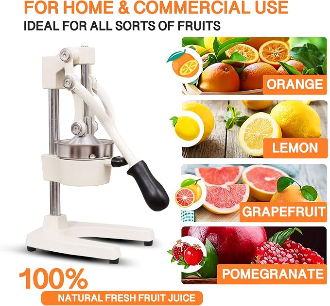 Commercial Heavy Duty Cast Iron Hand Press Manual Orange Citrus Lemon Lime Grapefruit Pomegranate Fruit Juice Squeezer Machine with Stainless Steel Cup White - Image 4