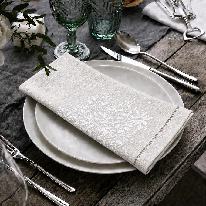 Cloth Napkins Set of 4, 20x20 inch, 100% Linen Hand Embroidered French Knot, Reusable & Machine Washable, Elegant Table Napkins for Dinner, Weddings, Parties (Oat) - Image 4