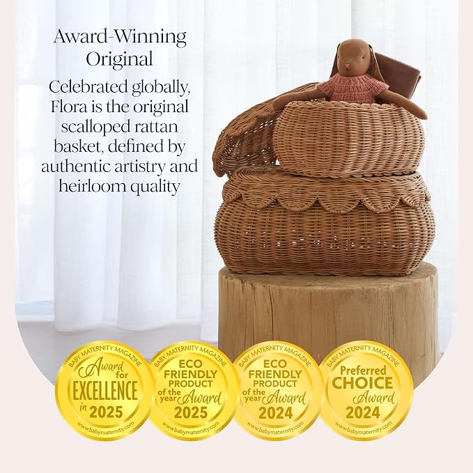 BEBE BASK The Original Scalloped Basket with Lid - Set of 2 (15x11x6 In) | Handwoven & Award Winner, Sustainable Rattan, Wicker Basket With Scalloped Edge Lid, Nursery Storage, Scallop Basket, Mocca - Image 3