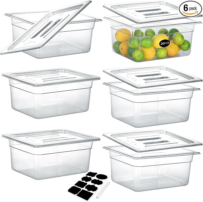 BIEAMA 6 Pack 1/2 Size 6" Deep NSF Polycarbonate Food Pans with Lids | Stackable clear containers for meal prep, buffet, salad bars, commercial & home kitchen; dishwasher safe and freezer safe by BIEAMA