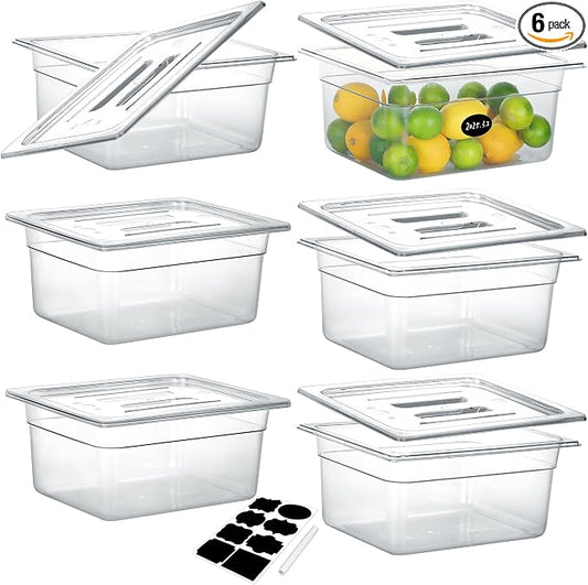 BIEAMA 6 Pack 1/2 Size 6" Deep NSF Polycarbonate Food Pans with Lids | Stackable clear containers for meal prep, buffet, salad bars, commercial & home kitchen; dishwasher safe and freezer safe by BIEAMA