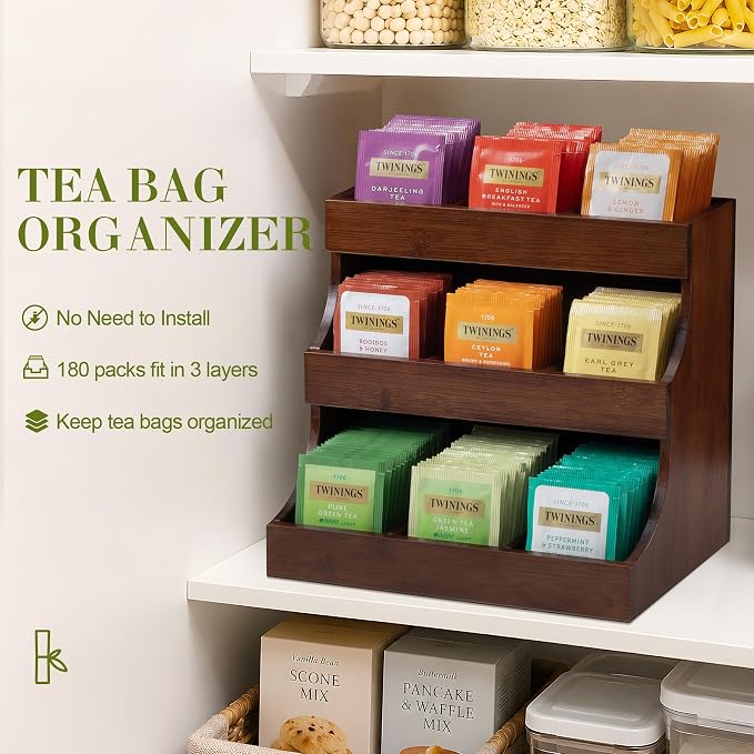 Bamboo Tea Bag Organizer, 3-Tier Tea Storage Box with 9 Compartments, Holds Up to 180 Bags, Tea Holder Organizer for Coffee Station, Kitchen Countertop, Pantry and Cabinet | No Installation Required | Natural Bamboo | No Burrs | No Odor | Sturdy & Dura... - Image 2