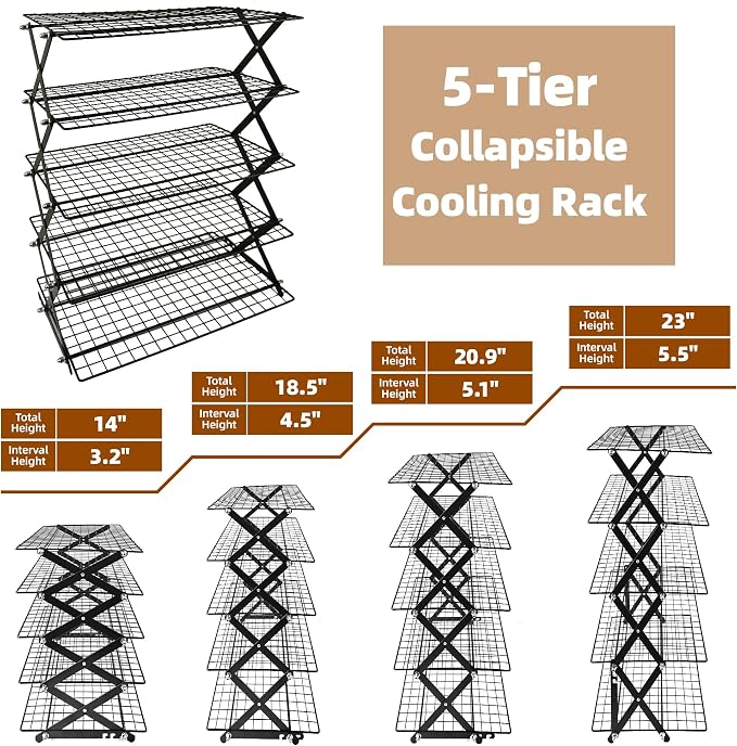 5 Tier Collapsible Cooling Rack Sourdough Cooling Rack 17"x10" | Cooling Racks for Cooking and Baking, Roasting, Grilling, Adjustable 6 Setting Design stackable, Oven & Dishwasher Safe - Image 3