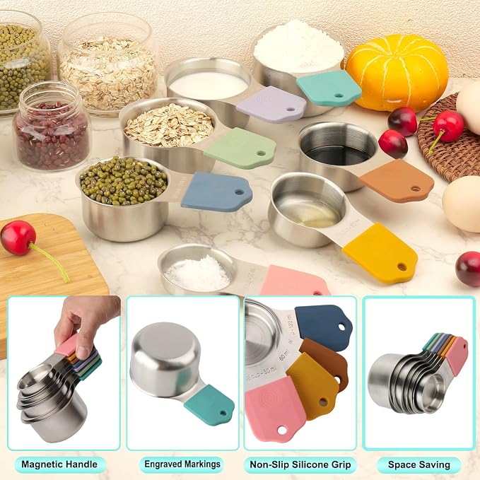 Magnetic Measuring Cups and Spoons Set of 16, 7 Stainless Steel Measuring Cups, 8 Double-Sided Measuring Spoons with 1 Leveler, Color Coded Handles, Dual Markings for Dry and Liquid Ingredients - Image 4