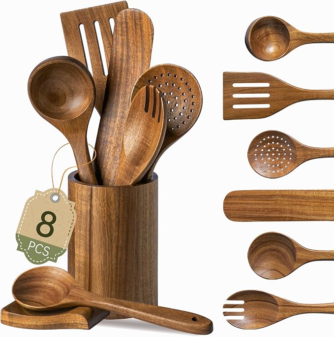 8 PCS Natural Acacia Wooden Utensil Set Wooden Spoons for Cooking | Non-Toxic Acacia Wood, Nonstick Safe, Sturdy Easy to Clean, Includes Holder & Spoon Rest, Great Kitchen Gift by FyctioHome
