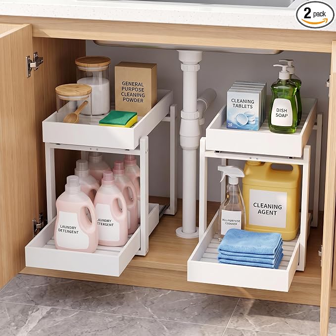 MHXW SXPN Bamboo Under Sink Organizer, 2 Pack Pull Out Cabinet Organizer | 2 Tier Vertical Smooth Slide Out Undersink Storage Shelf | Multi-Purpose Organizer Shelves for Kitchen Bathroom Medicine by MHXWSXPN