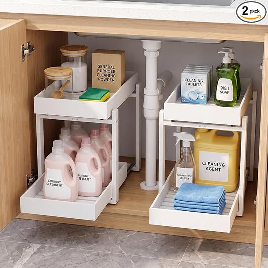 MHXW SXPN Bamboo Under Sink Organizer, 2 Pack Pull Out Cabinet Organizer | 2 Tier Vertical Smooth Slide Out Undersink Storage Shelf | Multi-Purpose Organizer Shelves for Kitchen Bathroom Medicine by MHXWSXPN