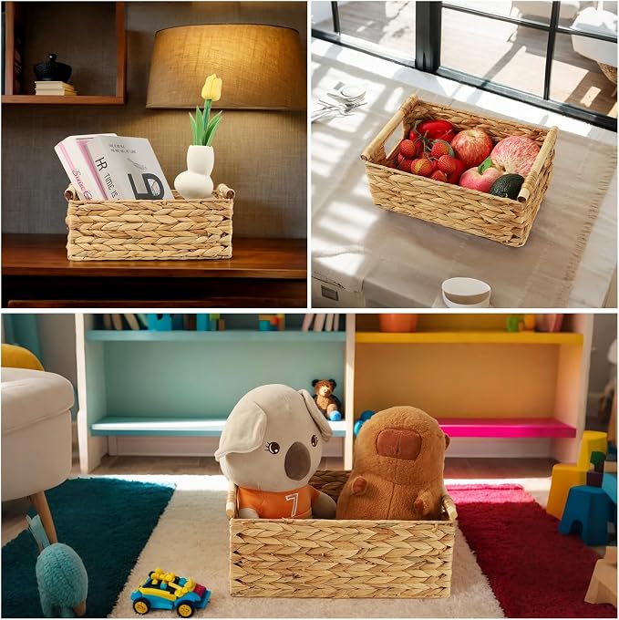 Wicker Storage Baskets for Organizing 3 Pack,Natural Water Hyacinth Ratten Baskets with Wooden Handles, Decorative Handwoven Storage Baskets for Shelves, Bathroom, Pantry or Kitchen - Image 7