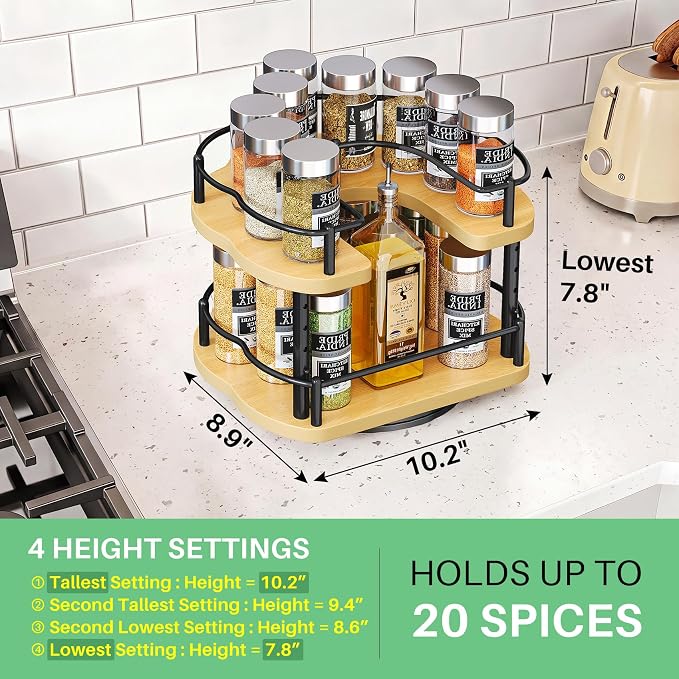 SNTD Lazy Susan Organizer Spice Rack - Spice Organization for Cabinet Height Adjustable Rotating Lazy Turntable, Pantry Kitchen Wood Revolving Seasoning Organizer (Natural, 9 Inch) - Image 2