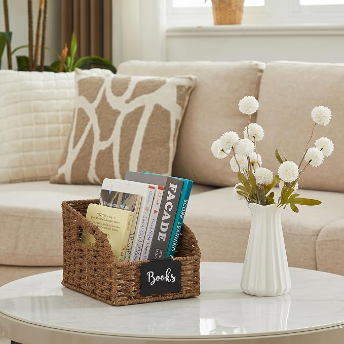 Wicker Baskets for Organizing, Pantry Baskets with Built-in Handles, Handwoven Large Storage Basket - Paper Storage Bins for Shelves, 3 Pack, Brown - 2 Set - Image 7