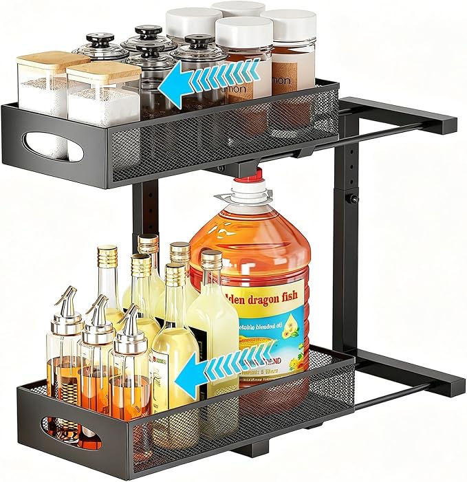 Under Sink Organizer, 2-Tier Pull Out Cabinet Storage, Black | Rustproof Carbon Steel, Mesh Sliding Drawers, 5-Level Height Adjustable to Bypass Pipes, for Kitchen, Bathroom, Laundry by WROBTLD