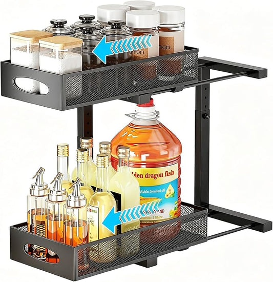 Under Sink Organizer, 2-Tier Pull Out Cabinet Storage, Black | Rustproof Carbon Steel, Mesh Sliding Drawers, 5-Level Height Adjustable to Bypass Pipes, for Kitchen, Bathroom, Laundry by WROBTLD