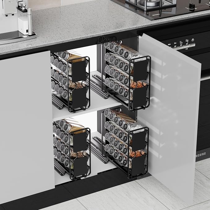 Spice Rack Organizer Drawer Cabinet: Pull Out Spice Seasoning Organization with 20 Jars - Facing Left or Right with Labels and Chalk Maker 4 Tier Slide Out Kitchen Storage for Countertop Wall Mount - Image 8