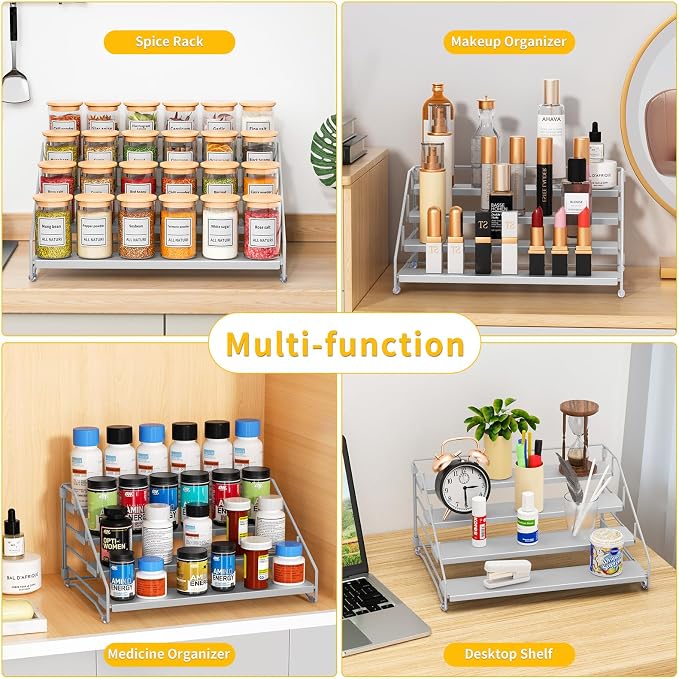 Spice Rack Organizer for Cabinet, Depth Adjustable 4 Tier Spice Rack,1 Pack | Silver, Metal Spice Organization for Cabinet, Easy Visibility, Tiered Spice Rack Perfect for Cabinet, Pantry and Countertop - Image 6